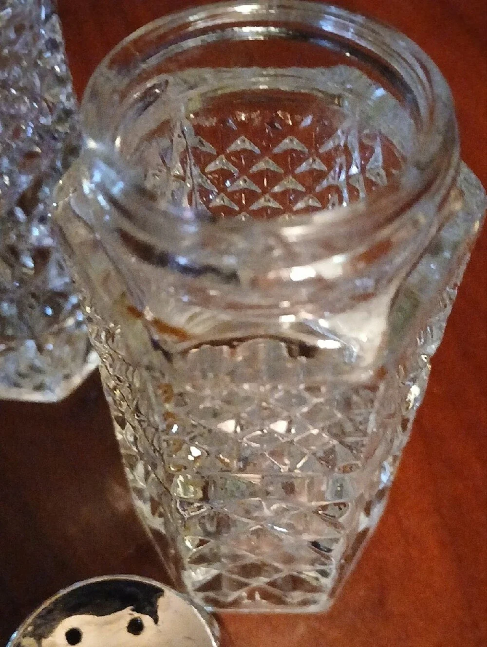 Cut Glass Salt and Pepper Shakers with Silver-Tone Lids